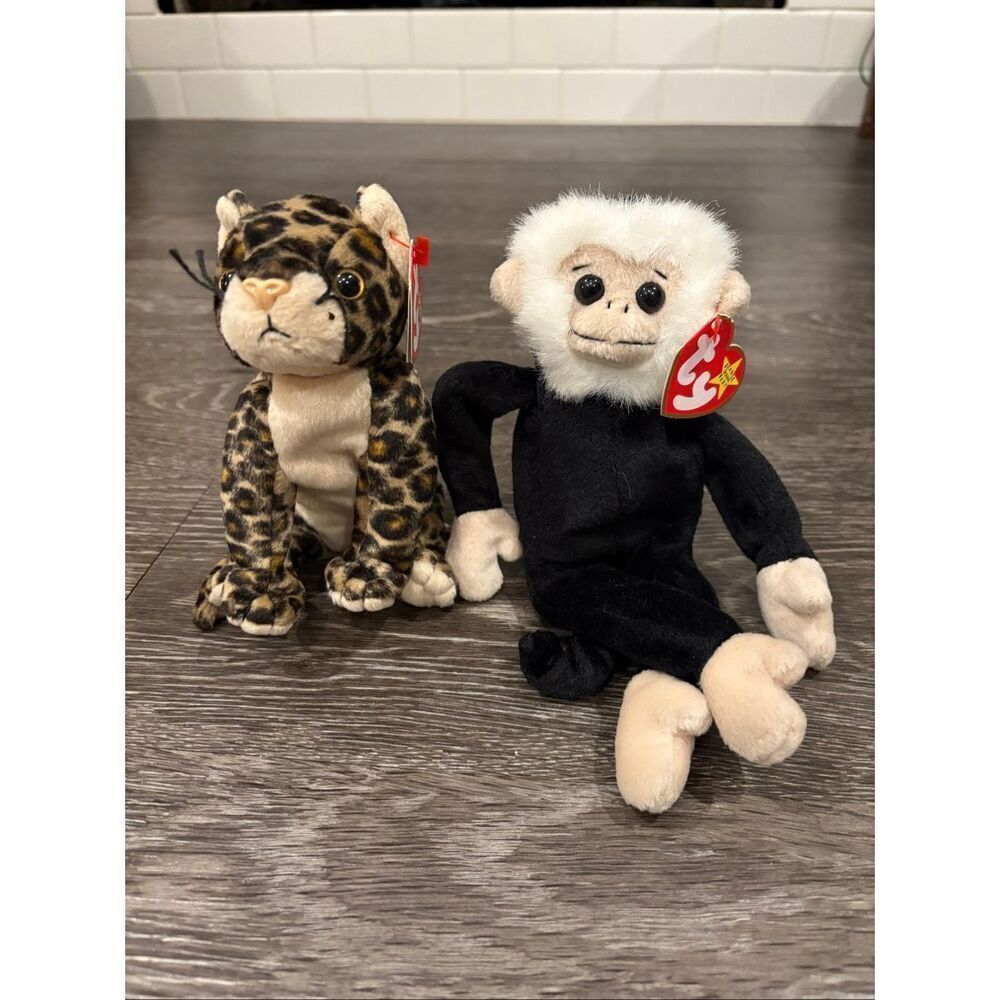 TY Beanie Babies 1998 - 2000 Lot Of 2 Monkey & Leopard Stuffed Animals Vintage